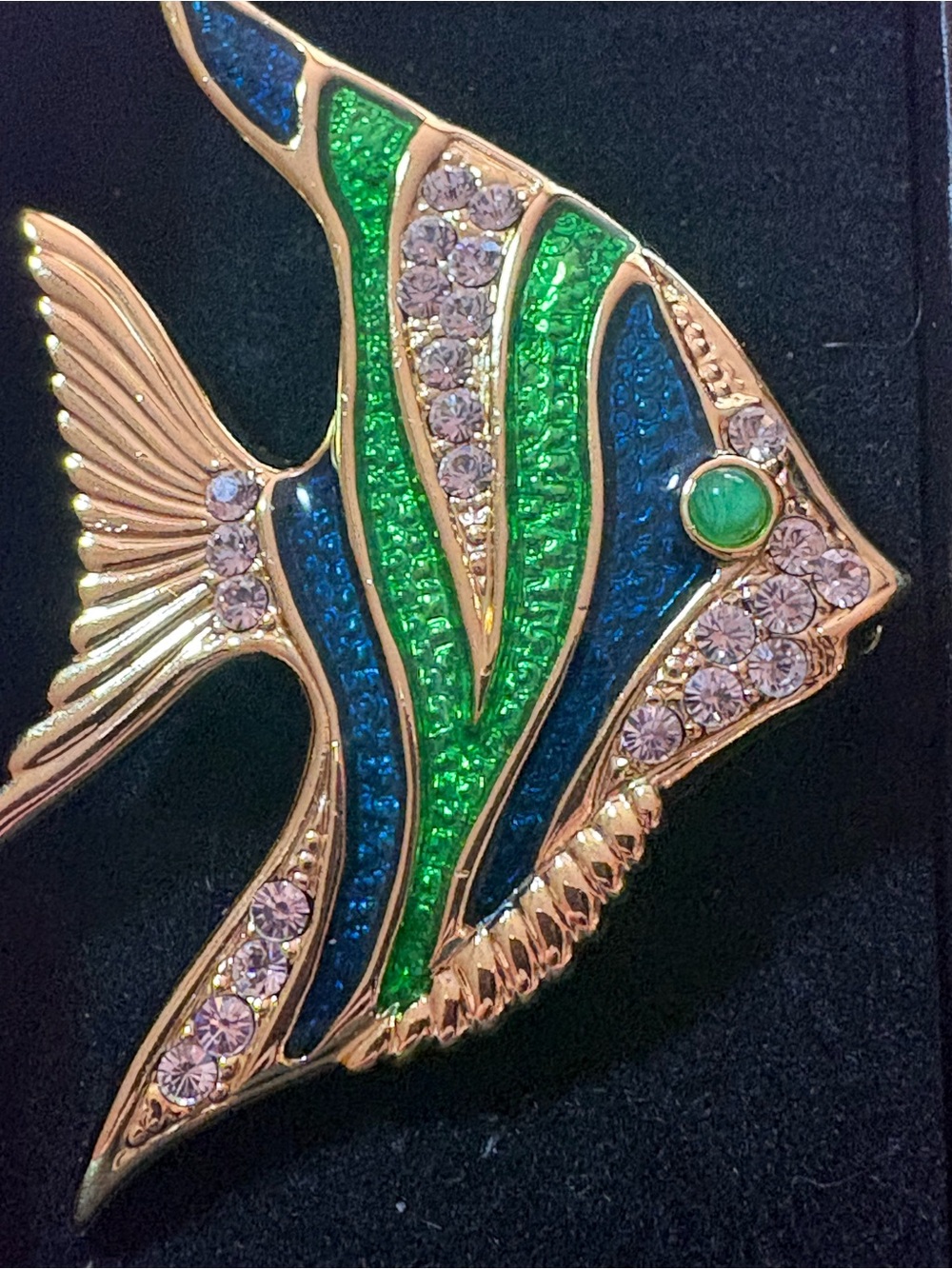 Vintage danecraft Green and Blue Angelfish Crystal Brooch stamped